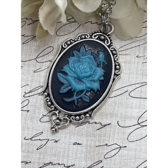 Cameo Necklace Turquoise Rose Wedding Jewelry Black Gothic Anniversary Easter - Picture 7 of 13